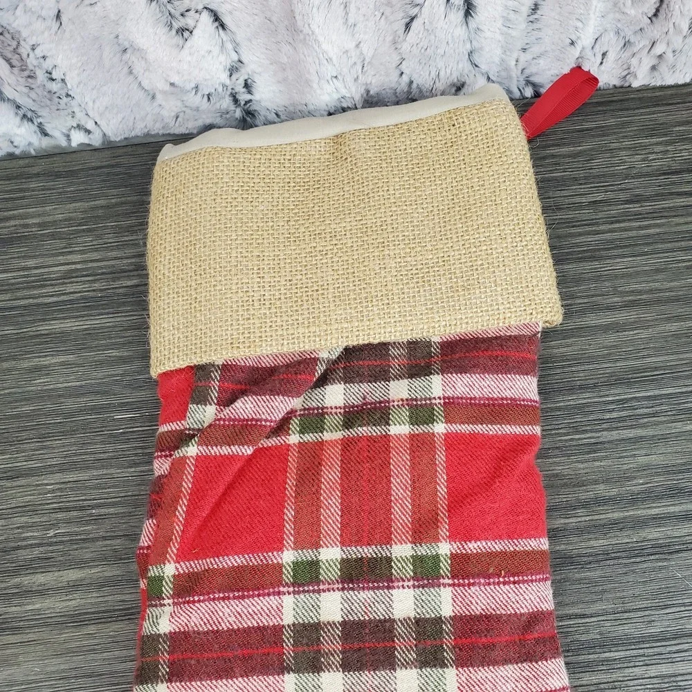 Domain Christmas Red Plaid‎ and Burlap Dog Pet Stocking with Button Bones 16